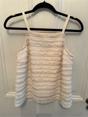 Anthropologie Maeve Ivory Fringe Tank with Subtle Black Stripes